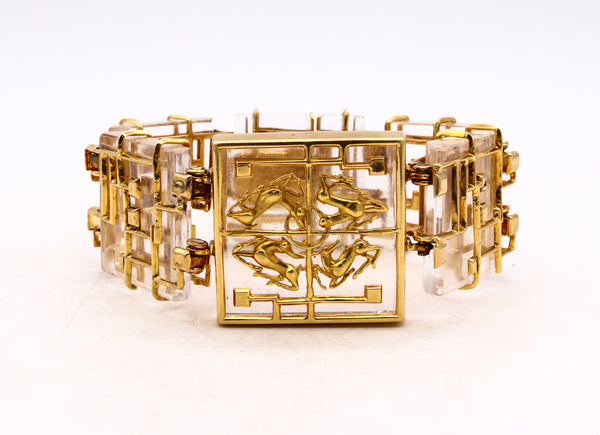 Lalaounis Ilias 1970 Rare Neo-geometric Bracelet In 18Kt Yellow Gold With Carved Rock Quartz
