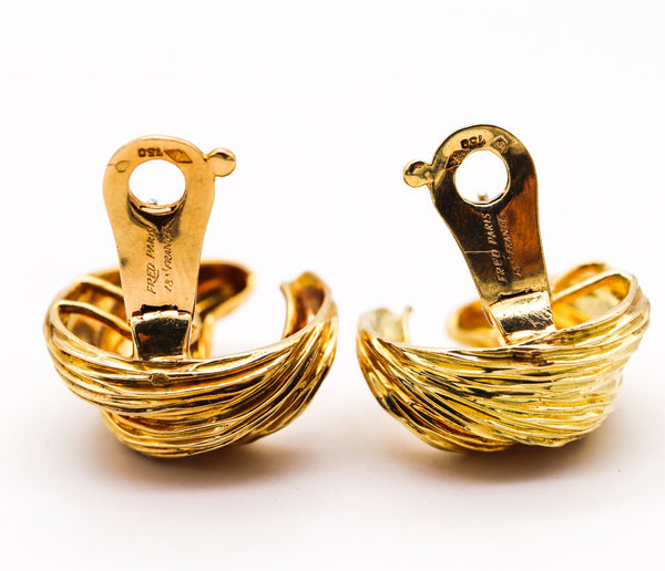 FRED PARIS 1960 Flames Curved Clips-On Earrings In Textured 18Kt Yellow Gold
