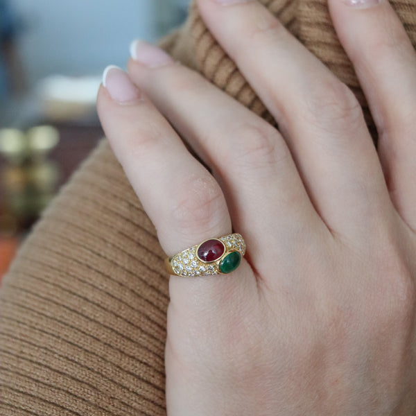 BVLGARI France Doppio Ring In 18Kt Gold With 2.74 Ctw In Diamonds Emerald & Ruby