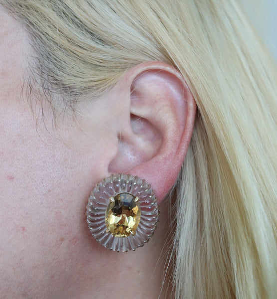 -Seaman Schepps 1970 Fluted Rock Quartz Earrings In 14Kt Yellow Gold With 79.32 Cts Citrines