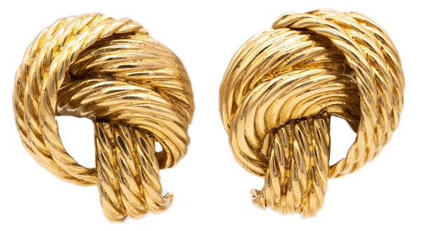 MID CENTURY RETRO 18 KT GOLD ROPE TEXTURED KNOT EARRINGS
