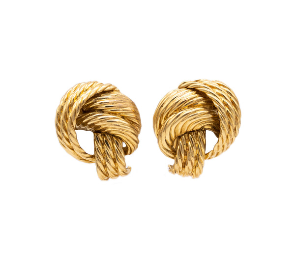 MID CENTURY RETRO 18 KT GOLD ROPE TEXTURED KNOT EARRINGS