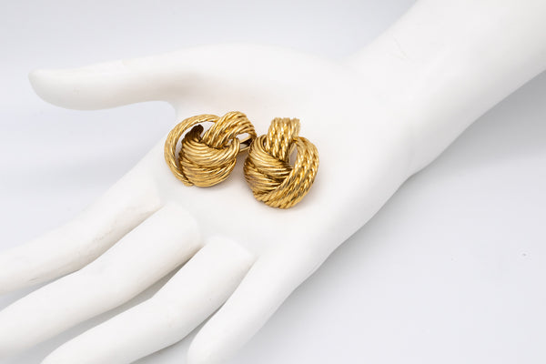 MID CENTURY RETRO 18 KT GOLD ROPE TEXTURED KNOT EARRINGS