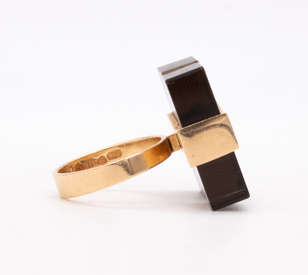 Kaunis Koru 1973 Finland Sculptural Geometric Ring In 14Kt Yellow Gold With Smokey Quartz