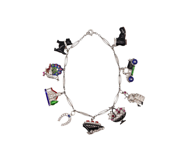 Art Deco 1930 Eight Charms Bracelet In Platinum Enamel With 2.78 Ctw In Diamonds And Gems