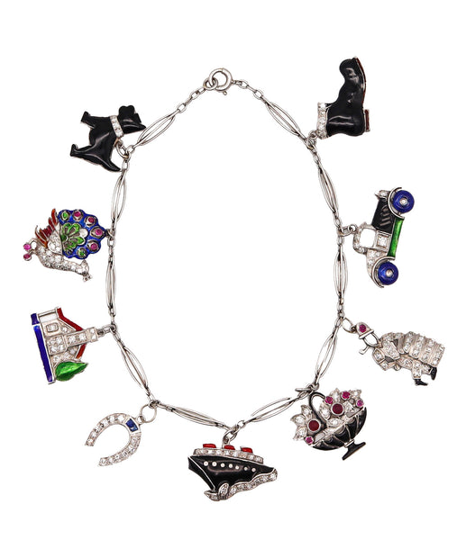 Art Deco 1930 Eight Charms Bracelet In Platinum Enamel With 2.78 Ctw In Diamonds And Gems