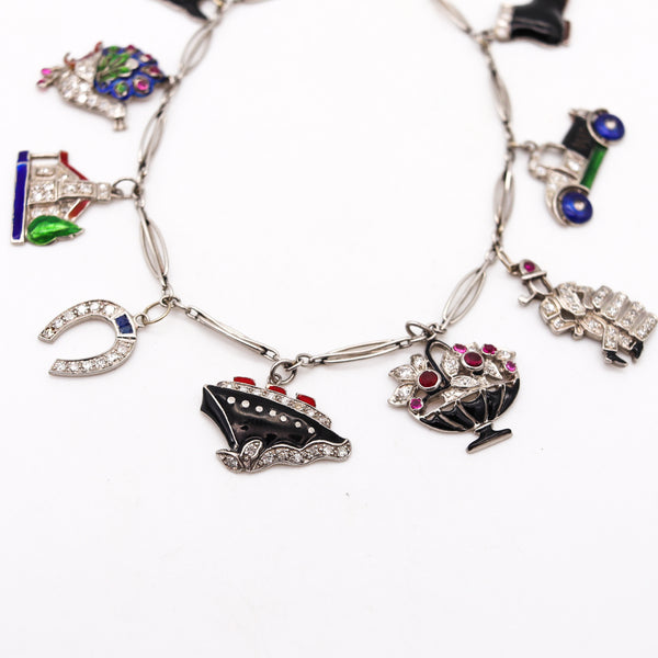 Art Deco 1930 Eight Charms Bracelet In Platinum Enamel With 2.78 Ctw In Diamonds And Gems