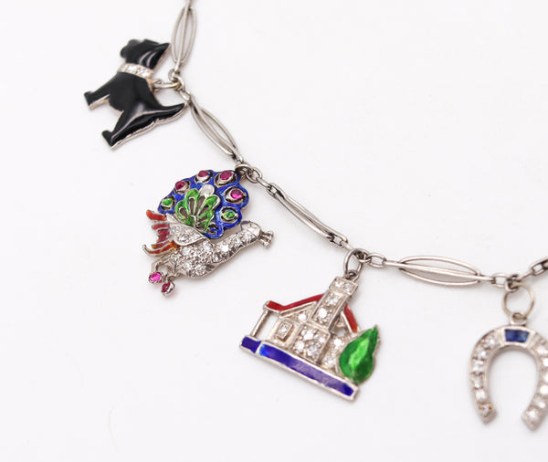 Art Deco 1930 Eight Charms Bracelet In Platinum Enamel With 2.78 Ctw In Diamonds And Gems