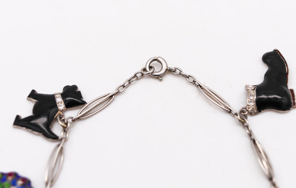 Art Deco 1930 Eight Charms Bracelet In Platinum Enamel With 2.78 Ctw In Diamonds And Gems