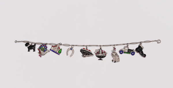 Art Deco 1930 Eight Charms Bracelet In Platinum Enamel With 2.78 Ctw In Diamonds And Gems