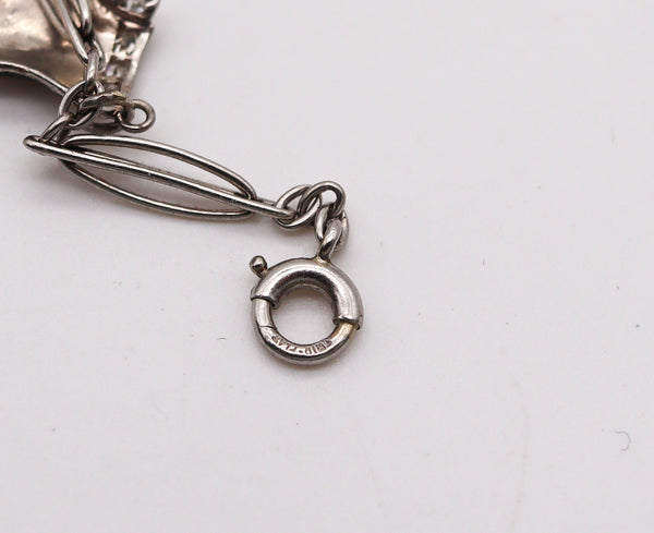 Art Deco 1930 Eight Charms Bracelet In Platinum Enamel With 2.78 Ctw In Diamonds And Gems