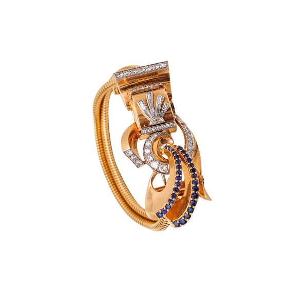 -Deco Retro 1940 Brooch Wristwatch In 14Kt Gold Platinum With 5.54 Ctw Diamonds And Sapphires