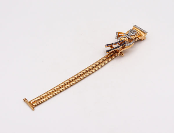 -Deco Retro 1940 Brooch Wristwatch In 14Kt Gold Platinum With 5.54 Ctw Diamonds And Sapphires