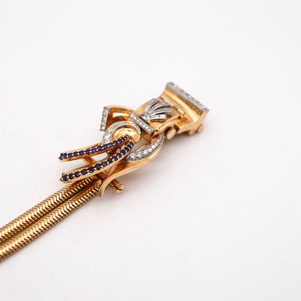 -Deco Retro 1940 Brooch Wristwatch In 14Kt Gold Platinum With 5.54 Ctw Diamonds And Sapphires