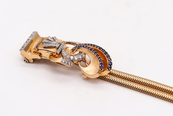 -Deco Retro 1940 Brooch Wristwatch In 14Kt Gold Platinum With 5.54 Ctw Diamonds And Sapphires