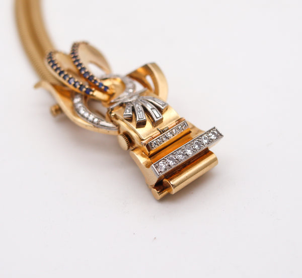 -Deco Retro 1940 Brooch Wristwatch In 14Kt Gold Platinum With 5.54 Ctw Diamonds And Sapphires