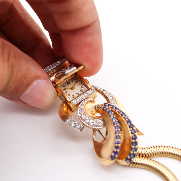 -Deco Retro 1940 Brooch Wristwatch In 14Kt Gold Platinum With 5.54 Ctw Diamonds And Sapphires