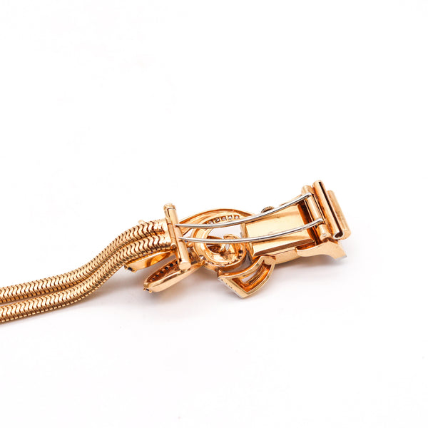 -Deco Retro 1940 Brooch Wristwatch In 14Kt Gold Platinum With 5.54 Ctw Diamonds And Sapphires