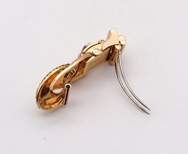 -Deco Retro 1940 Brooch Wristwatch In 14Kt Gold Platinum With 5.54 Ctw Diamonds And Sapphires