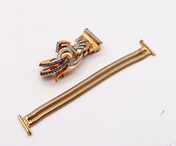 -Deco Retro 1940 Brooch Wristwatch In 14Kt Gold Platinum With 5.54 Ctw Diamonds And Sapphires