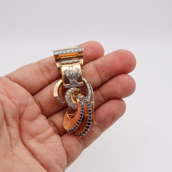-Deco Retro 1940 Brooch Wristwatch In 14Kt Gold Platinum With 5.54 Ctw Diamonds And Sapphires