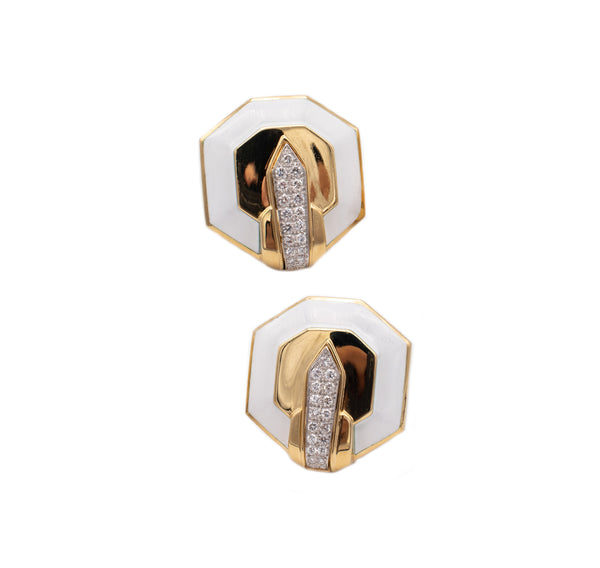 DAVID WEBB WHITE ENAMEL EARRINGS IN 18 KT YELLOW GOLD WITH 2.12 Ctw DIAMONDS