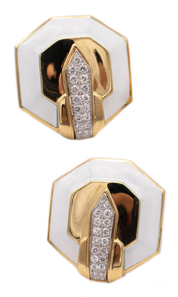 DAVID WEBB WHITE ENAMEL EARRINGS IN 18 KT YELLOW GOLD WITH 2.12 Ctw DIAMONDS