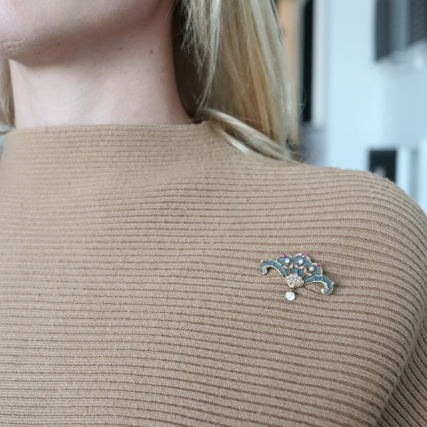 -Art Nouveau 1890 Plique à Jour Pendant Brooch In 18Kt Gold Diamonds Pearls & Rubies