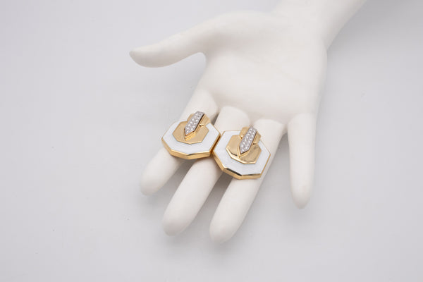 DAVID WEBB WHITE ENAMEL EARRINGS IN 18 KT YELLOW GOLD WITH 2.12 Ctw DIAMONDS