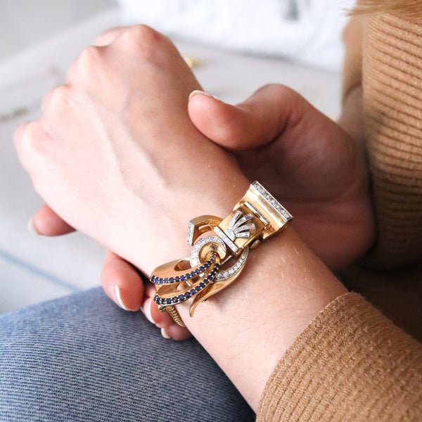 -Deco Retro 1940 Brooch Wristwatch In 14Kt Gold Platinum With 5.54 Ctw Diamonds And Sapphires