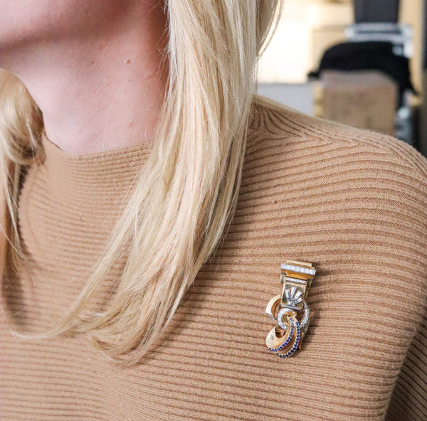 -Deco Retro 1940 Brooch Wristwatch In 14Kt Gold Platinum With 5.54 Ctw Diamonds And Sapphires