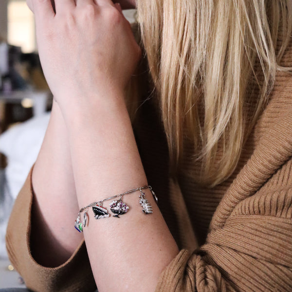 Art Deco 1930 Eight Charms Bracelet In Platinum Enamel With 2.78 Ctw In Diamonds And Gems