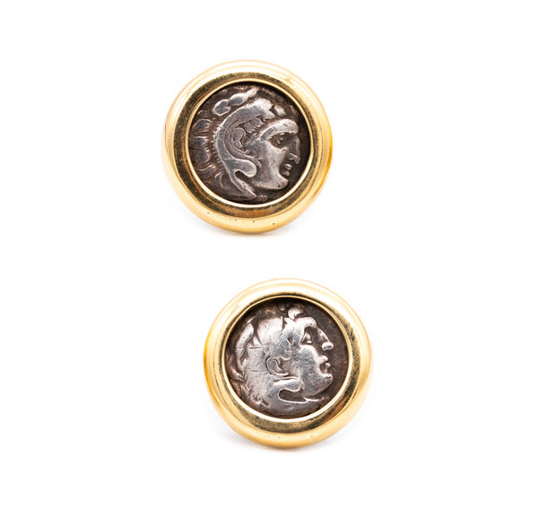 *Alexander The Great 336 BC ancient Drachms coin earrings in 18 kt yellow gold mounting