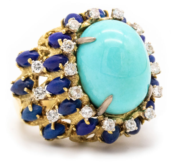MID CENTURY 18 KT GOLD RING WITH 39.27 Ctw IN DIAMONDS, TURQUOISE & LAPIS