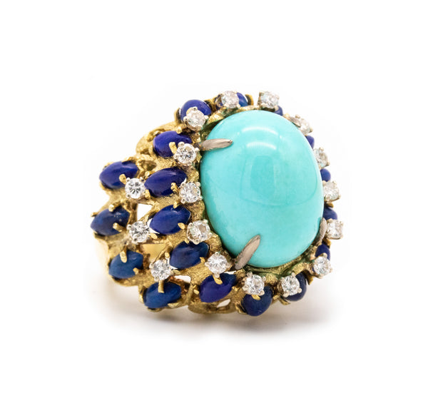 MID CENTURY 18 KT GOLD RING WITH 39.27 Ctw IN DIAMONDS, TURQUOISE & LAPIS