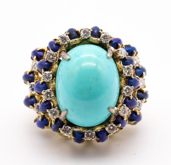 MID CENTURY 18 KT GOLD RING WITH 39.27 Ctw IN DIAMONDS, TURQUOISE & LAPIS