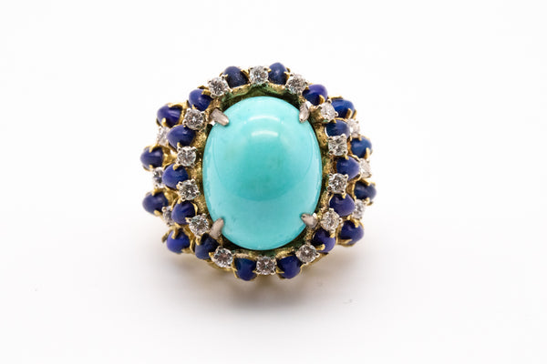MID CENTURY 18 KT GOLD RING WITH 39.27 Ctw IN DIAMONDS, TURQUOISE & LAPIS