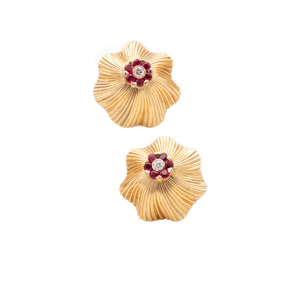 TIFFANY & CO. 1950 GEORGE SCHULER 14 KT RETRO EARRINGS 1.40 Ctw OF DIAMONDS AND RUBY