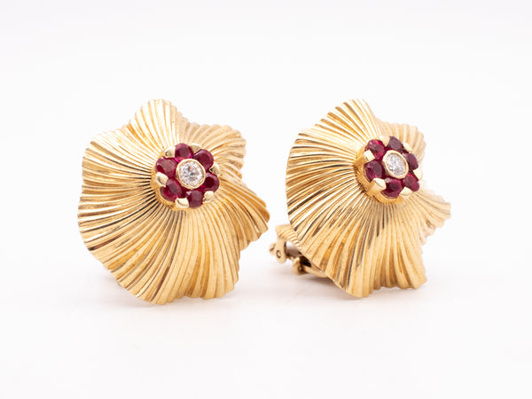 TIFFANY & CO. 1950 GEORGE SCHULER 14 KT RETRO EARRINGS 1.40 Ctw OF DIAMONDS AND RUBY