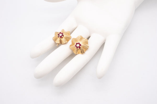 TIFFANY & CO. 1950 GEORGE SCHULER 14 KT RETRO EARRINGS 1.40 Ctw OF DIAMONDS AND RUBY