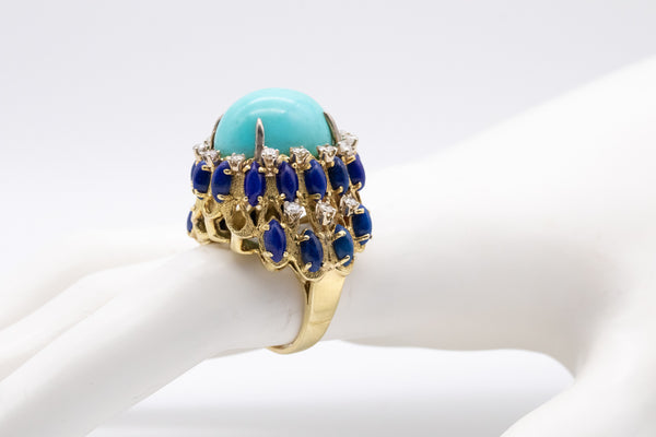 MID CENTURY 18 KT GOLD RING WITH 39.27 Ctw IN DIAMONDS, TURQUOISE & LAPIS