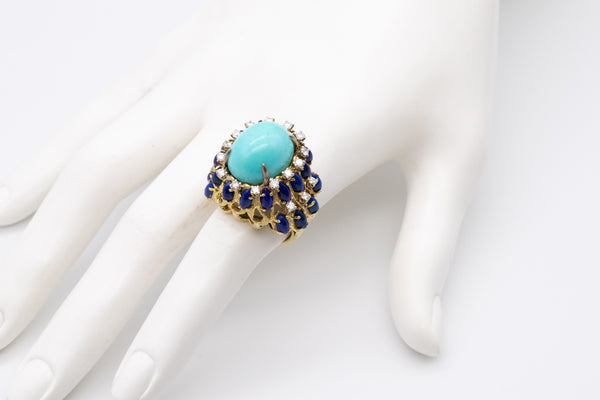 MID CENTURY 18 KT GOLD RING WITH 39.27 Ctw IN DIAMONDS, TURQUOISE & LAPIS