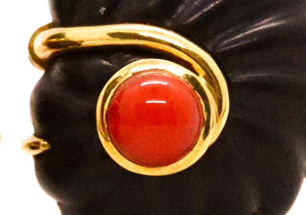 SEAMAN SCHEPPS, TRIANON EBONY & CORAL 18 KT EARRINGS CLIP