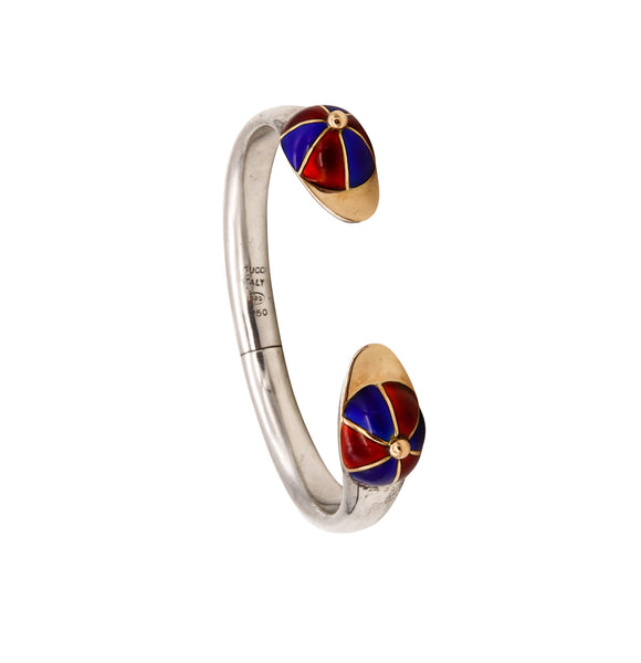 Gucci Milan 1970 Rare Equestrian Jockey Hats Cuff In 18Kt Gold And Sterling With Red & Blue Enamel