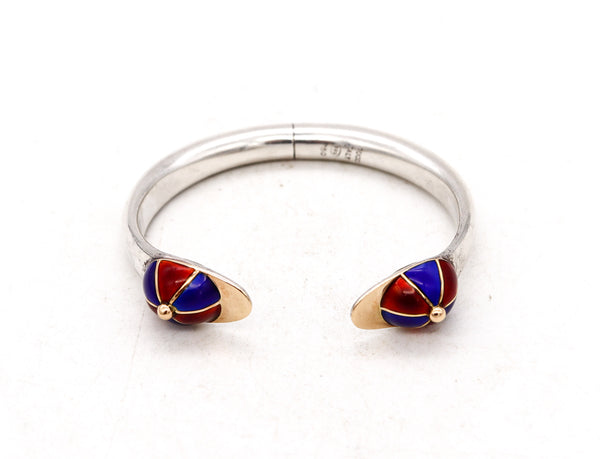 Gucci Milan 1970 Rare Equestrian Jockey Hats Cuff In 18Kt Gold And Sterling With Red & Blue Enamel