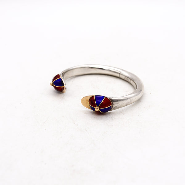 Gucci Milan 1970 Rare Equestrian Jockey Hats Cuff In 18Kt Gold And Sterling With Red & Blue Enamel