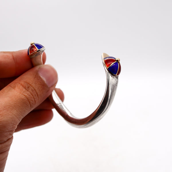 Gucci Milan 1970 Rare Equestrian Jockey Hats Cuff In 18Kt Gold And Sterling With Red & Blue Enamel