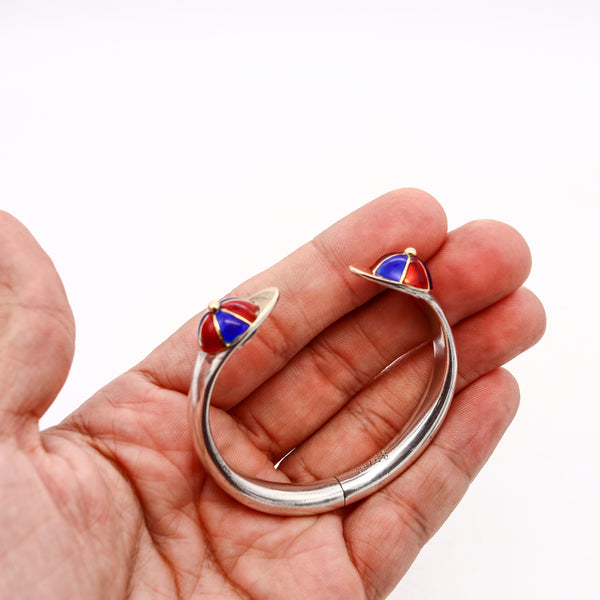 Gucci Milan 1970 Rare Equestrian Jockey Hats Cuff In 18Kt Gold And Sterling With Red & Blue Enamel