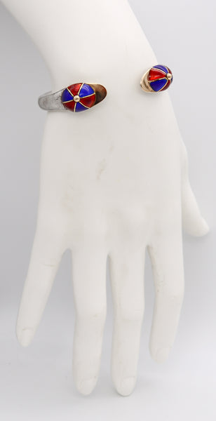 Gucci Milan 1970 Rare Equestrian Jockey Hats Cuff In 18Kt Gold And Sterling With Red & Blue Enamel