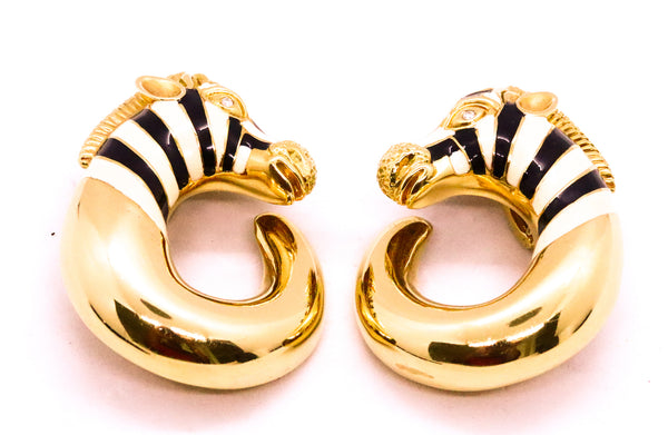 ROBERTO LEGNAZZI 18 KT GOLD ZEBRA EARRINGS WITH ENAMEL & DIAMONDS